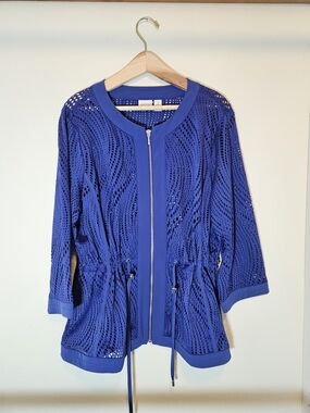 Zenergy Open-Knit Zip Front Swim Coverup in Royal Blue with Drawstring Waist